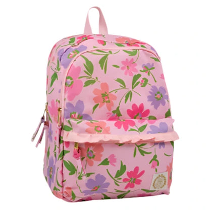 The Beaufort Bonnet Company’s Don’t Forget Your Backpack Backpack features ruffle trim, a Grand Cayman Gardens floral pattern in pink, purple, and green, plus a front zip pocket and top handle.
