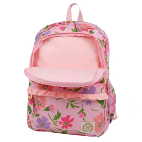 The Beaufort Bonnet Company’s Don't Forget Your Backpack Backpack features a pink floral design, front pocket, top handle, and spacious main compartment—perfect for strolls through Grand Cayman Gardens.