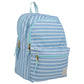The Beaufort Bonnet Company’s Don't Forget Your Backpack Backpack features light blue and white stripes, mint zippers with gold pulls, a front pocket, and top handle—ideal for Grand Cayman Gardens.