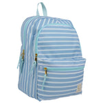 The Beaufort Bonnet Company’s Don't Forget Your Backpack Backpack features light blue and white stripes, mint zippers with gold pulls, a front pocket, and top handle—ideal for Grand Cayman Gardens.