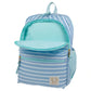The Beaufort Bonnet Company’s Don't Forget Your Backpack Backpack, in light blue and white stripes with gold zippers, is shown open and ready for your next adventure!.