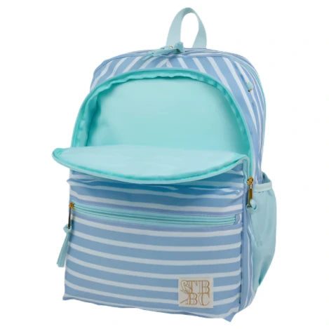 The Beaufort Bonnet Company’s Don't Forget Your Backpack Backpack, in light blue and white stripes with gold zippers, is shown open and ready for your next adventure!.