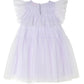 The Girls’ Ziegfeld Tulle Dress by Tutu du Monde features a light purple hue with ruffled short sleeves, a layered skirt, and a back button closure—capturing Hollywood magic in this picture-perfect design, elegantly displayed on a white background.