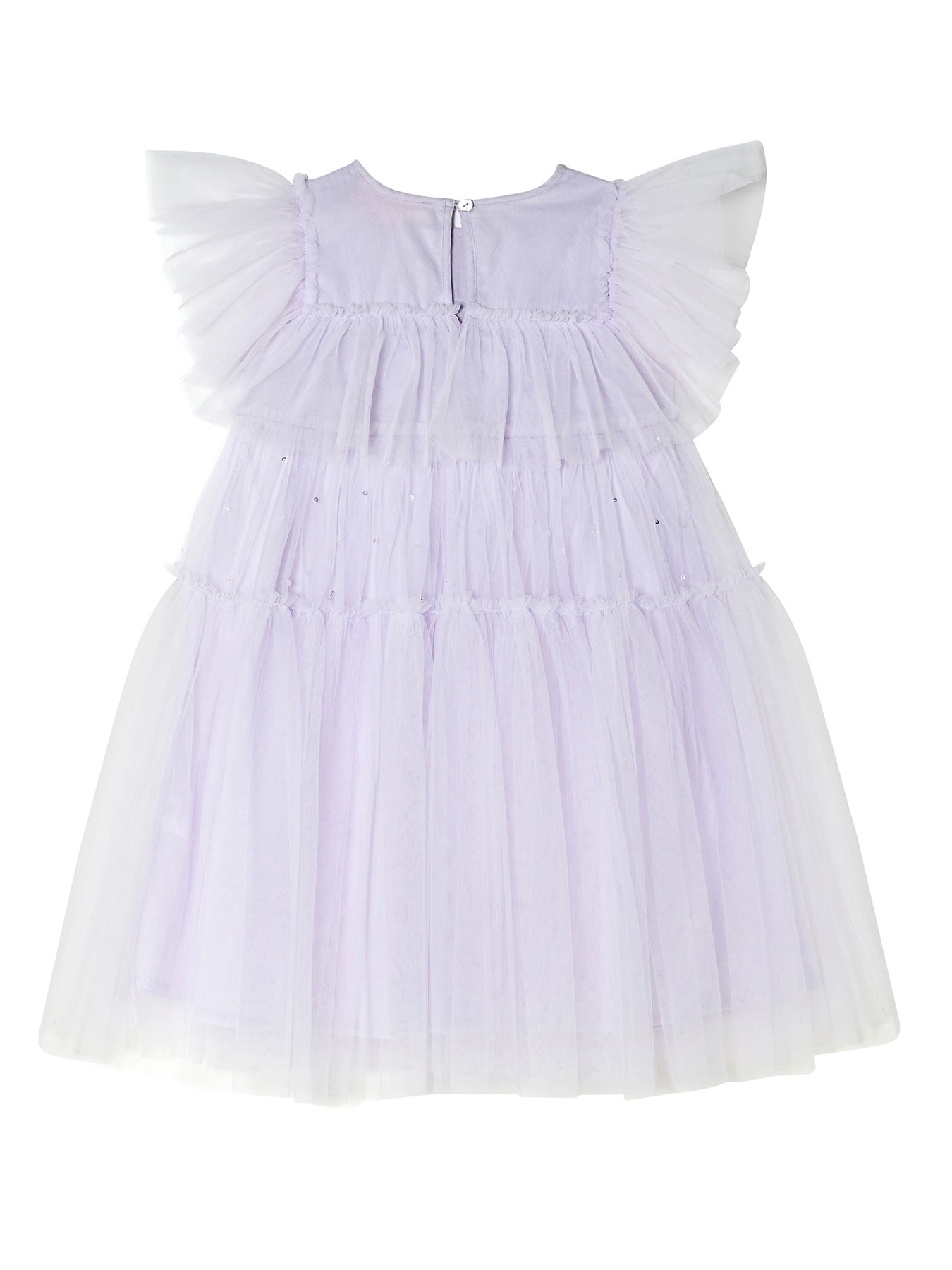 The Girls’ Ziegfeld Tulle Dress by Tutu du Monde features a light purple hue with ruffled short sleeves, a layered skirt, and a back button closure—capturing Hollywood magic in this picture-perfect design, elegantly displayed on a white background.