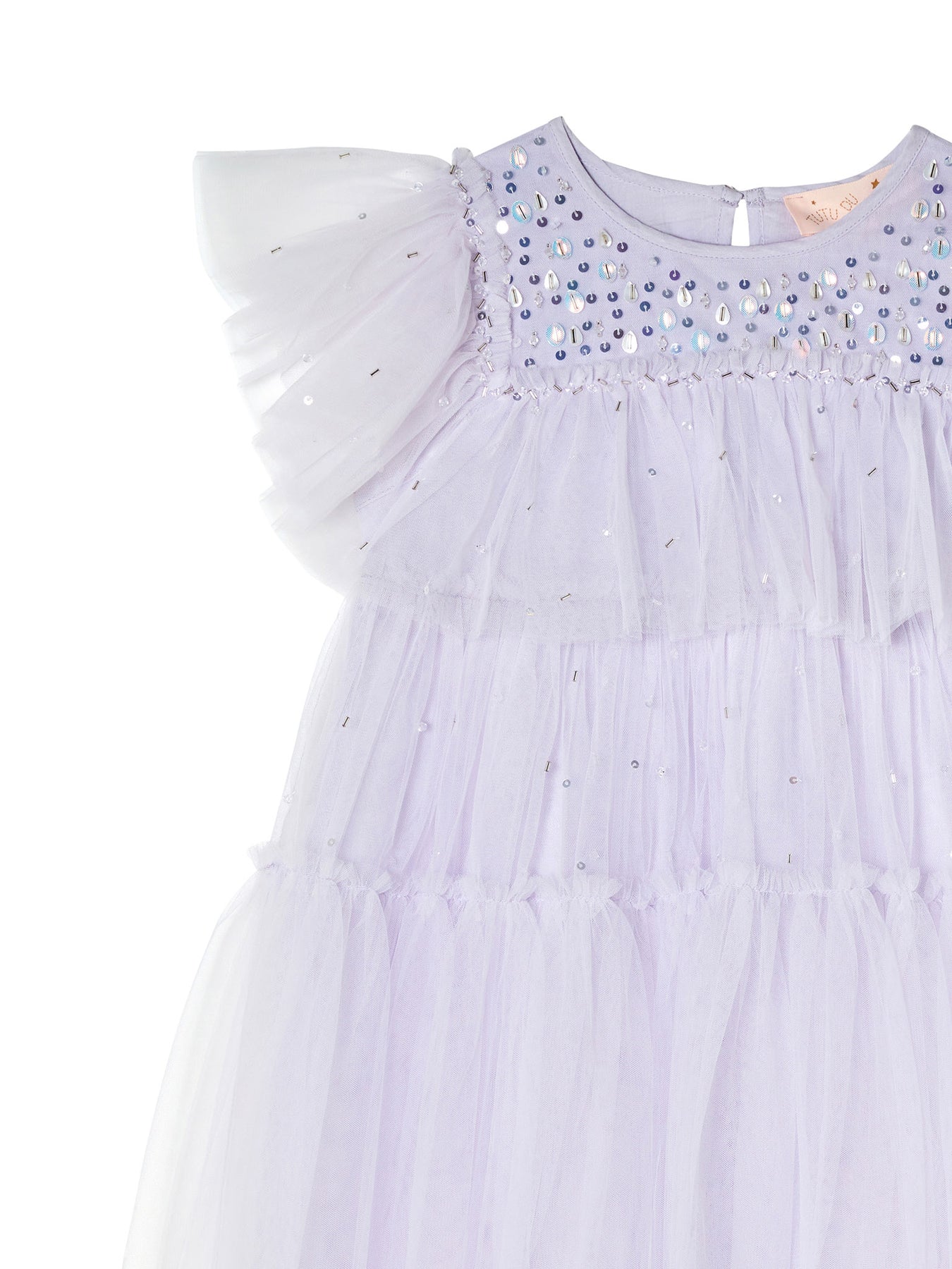 Bringing a hint of Hollywood glamour, the Tutu du Monde Girls’ Ziegfeld Tulle Dress showcases a lavender tulle construction with ruffled sleeves, sequin-adorned bodice, and a beautifully layered skirt.