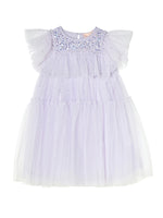 Picture-perfect in every detail, the Girls’ Ziegfeld Tulle Dress by Tutu du Monde features a light purple hue with a ruffled tulle skirt, short ruffled sleeves, and a beaded, embroidered bodice. This enchanting dress brings Hollywood magic to life as it is displayed against a white background.