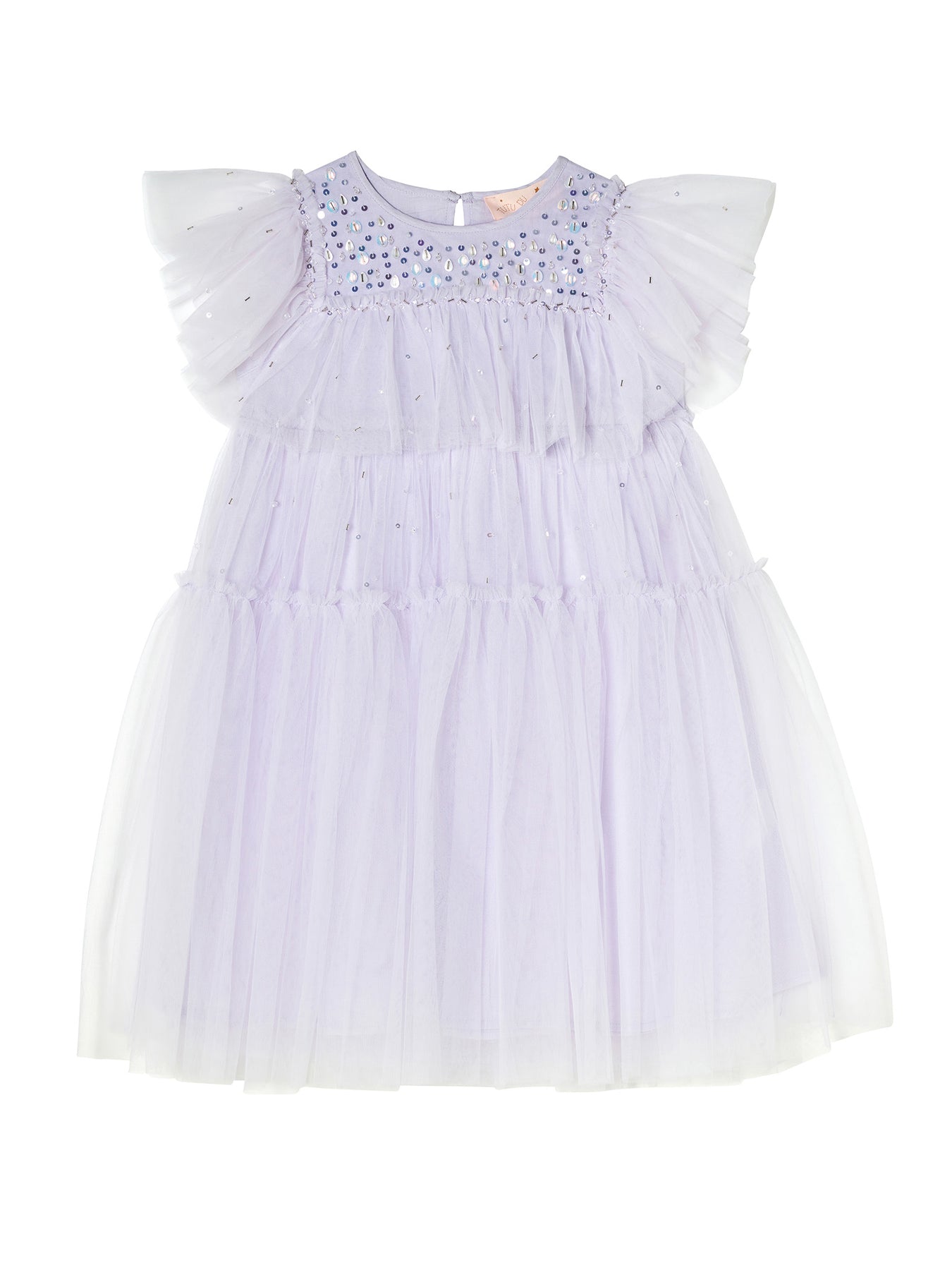 Picture-perfect in every detail, the Girls’ Ziegfeld Tulle Dress by Tutu du Monde features a light purple hue with a ruffled tulle skirt, short ruffled sleeves, and a beaded, embroidered bodice. This enchanting dress brings Hollywood magic to life as it is displayed against a white background.