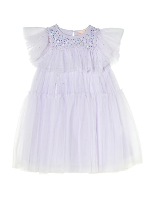 Picture-perfect in every detail, the Girls’ Ziegfeld Tulle Dress by Tutu du Monde features a light purple hue with a ruffled tulle skirt, short ruffled sleeves, and a beaded, embroidered bodice. This enchanting dress brings Hollywood magic to life as it is displayed against a white background.