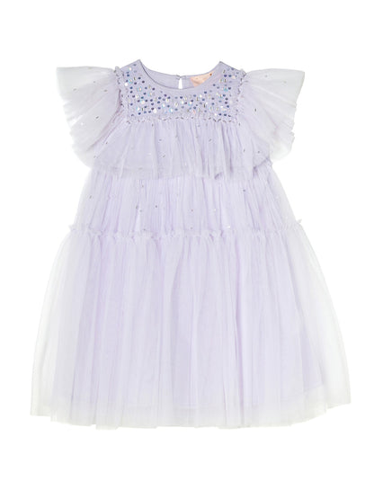 Picture-perfect in every detail, the Girls’ Ziegfeld Tulle Dress by Tutu du Monde features a light purple hue with a ruffled tulle skirt, short ruffled sleeves, and a beaded, embroidered bodice. This enchanting dress brings Hollywood magic to life as it is displayed against a white background.