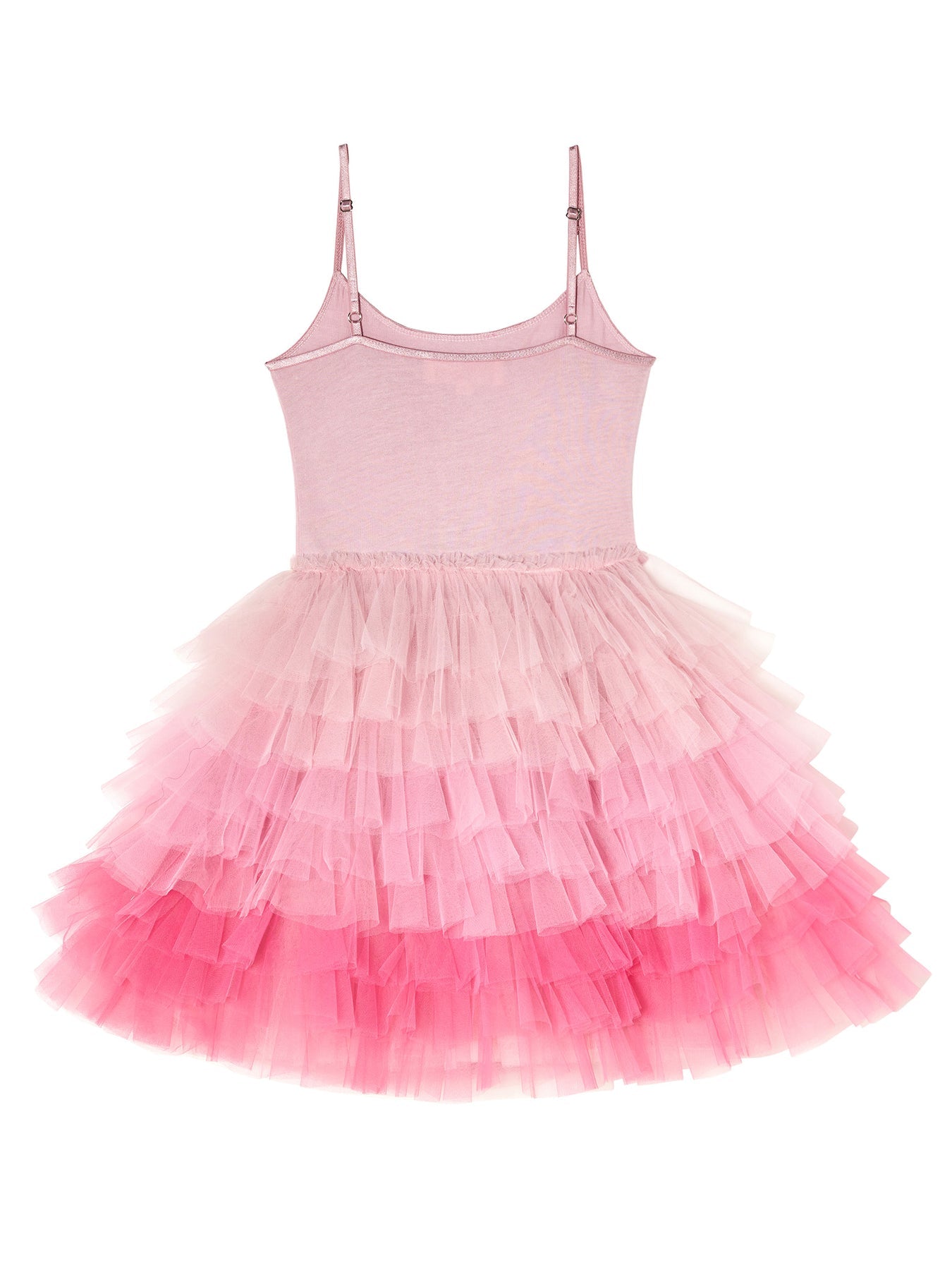 The Girls’ Angelina Tutu Dress by Tutu du Monde features a sleeveless design with adjustable straps and a layered ombre tutu skirt in shades of light pink to bright pink.