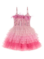 The Girls’ Angelina Tutu Dress by Tutu du Monde showcases a pink ombre tulle design with a fitted bodice, sparkling sequin embellishments, delicate feather accents, and a tiered ruffle skirt for a dreamy and whimsical appearance.