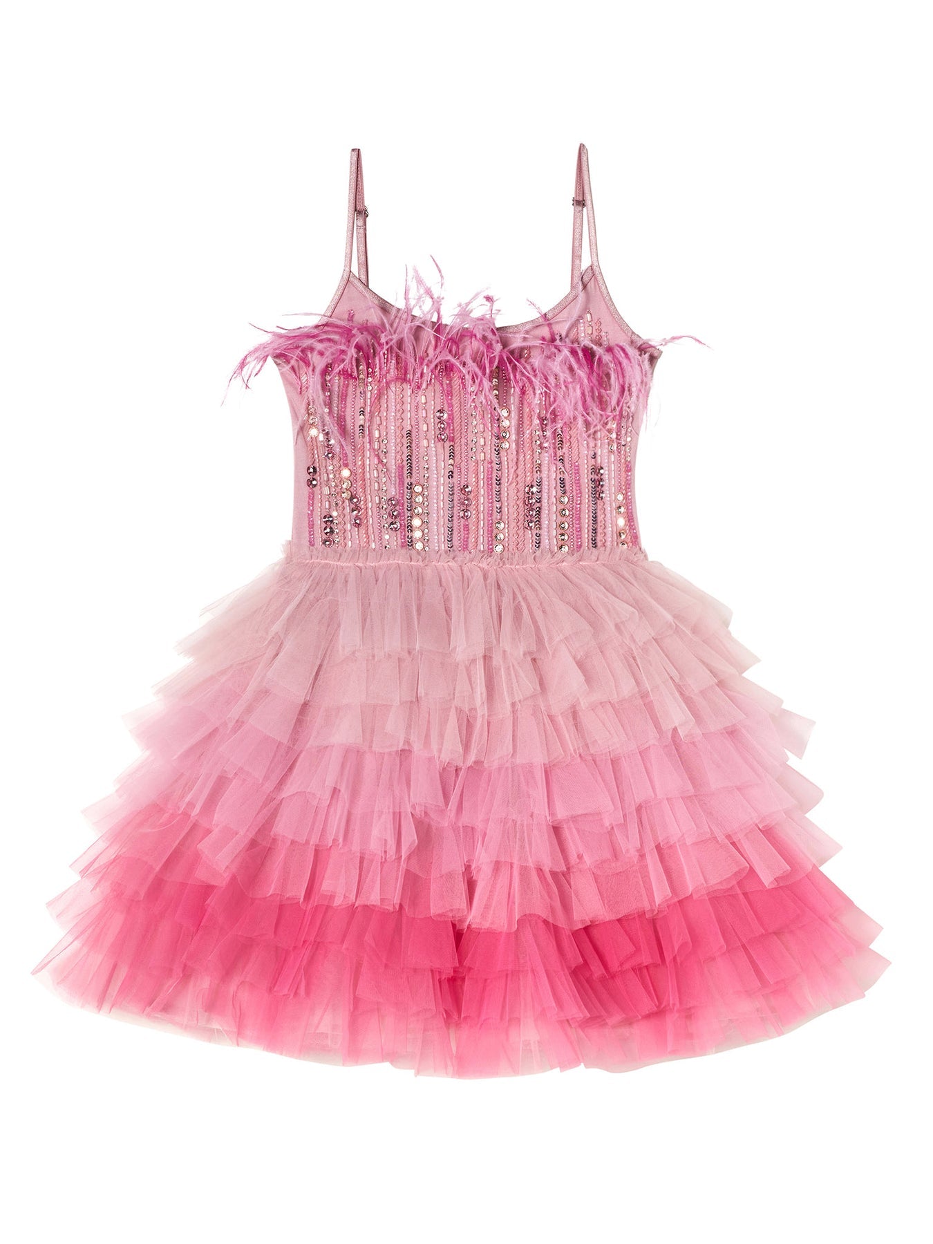 The Girls’ Angelina Tutu Dress by Tutu du Monde showcases a pink ombre tulle design with a fitted bodice, sparkling sequin embellishments, delicate feather accents, and a tiered ruffle skirt for a dreamy and whimsical appearance.