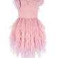 The Girls’ Sparkle in Bloom Tutu Dress by Tutu du Monde is an enchanting sleeveless dress featuring a pink bodice, layered tulle cap sleeves, and a ruffled tulle skirt in the whimsical Fairy Floss Mix, shown against a white background.