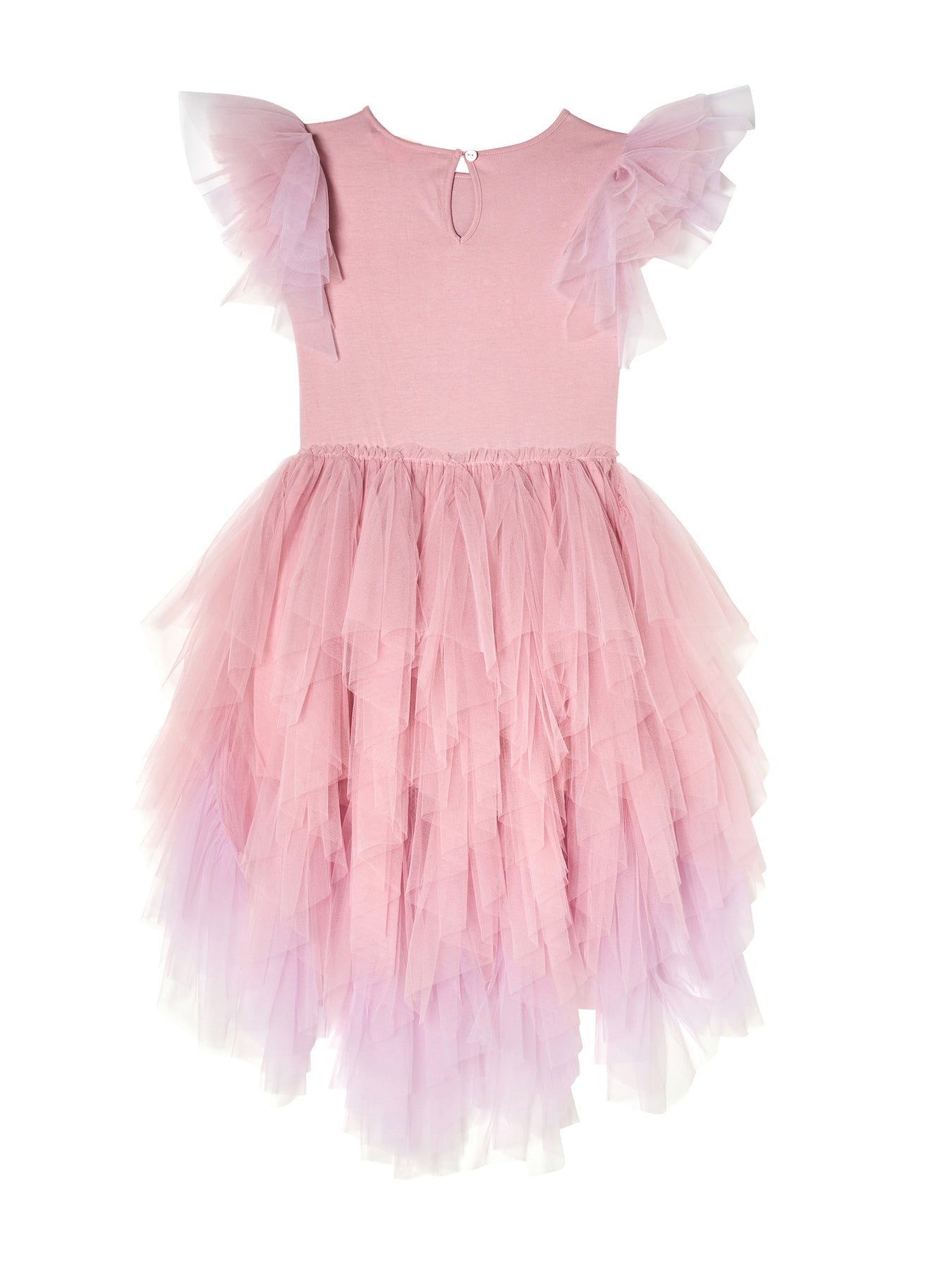 The Girls’ Sparkle in Bloom Tutu Dress by Tutu du Monde is an enchanting sleeveless dress featuring a pink bodice, layered tulle cap sleeves, and a ruffled tulle skirt in the whimsical Fairy Floss Mix, shown against a white background.