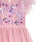 Close-up of the Girls’ Sparkle in Bloom Tutu Dress by Tutu du Monde, featuring a pink layered tulle skirt in Fairy Floss Mix, adorned with floral embellishments, sequins, and an asymmetric ruffled tulle sleeve.