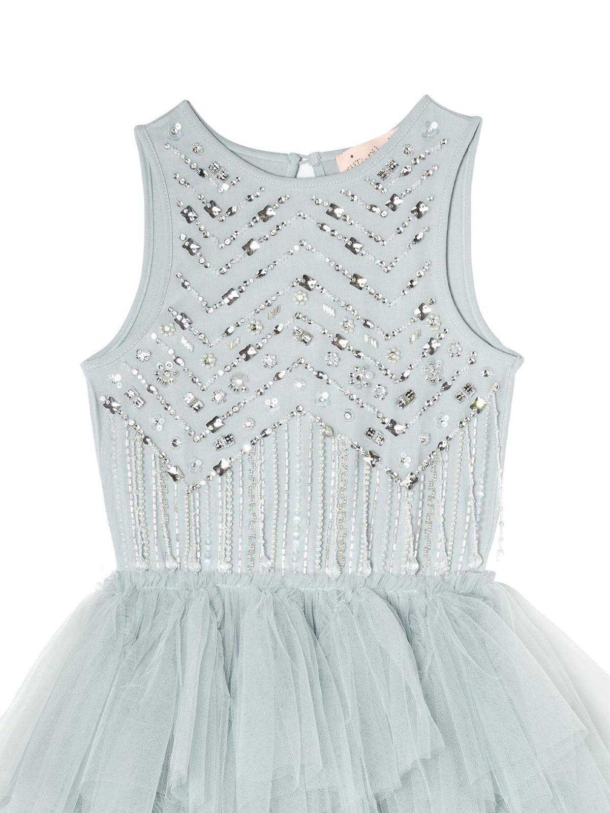 Inspired by a winter fairytale, the Diamond Drift Tutu Dress by Tutu du Monde boasts a beaded, sequin, and rhinestone bodice with a layered tulle skirt.