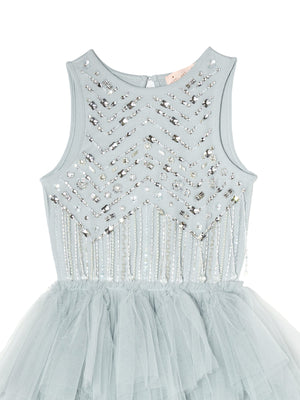 Girls’ Diamond Drift Tutu Dress in light blue, featuring a crystal chevron-embellished bodice, cascading beaded fringe, and an illusion blue layered tulle skirt.