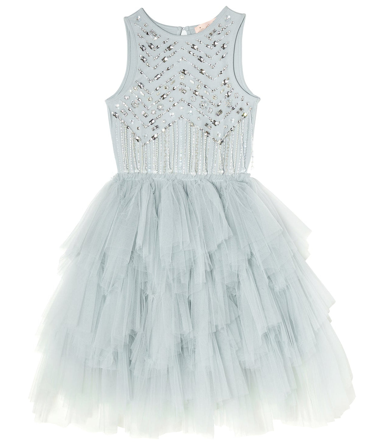 The Diamond Drift Tutu Dress by Tutu du Monde features a beaded bodice and layered tulle skirt, perfect for a winter fairytale, shown on a plain white background.