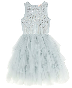 Light blue Tutu du Monde Girls’ Diamond Drift Tutu Dress with a bodice featuring chevron patterns of sequins and beads, and a tiered tulle skirt.