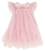 The Summit Sparkle Tulle Dress by Tutu du Monde features light pink tulle, ruffled sleeves, floral embroidery, and a flared skirt—ideal for winter fairytale dreams.