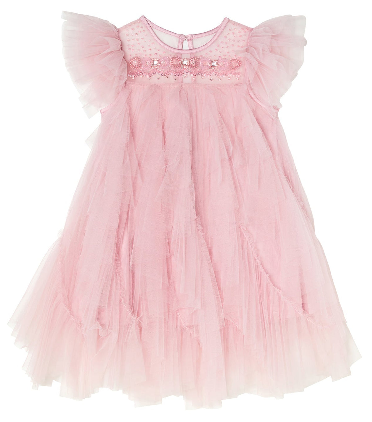 The Summit Sparkle Tulle Dress by Tutu du Monde features light pink tulle, ruffled sleeves, floral embroidery, and a flared skirt—ideal for winter fairytale dreams.