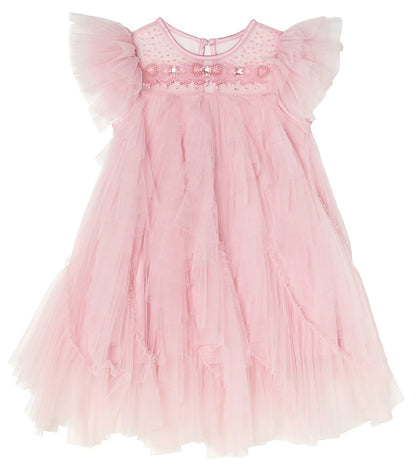 The Summit Sparkle Tulle Dress by Tutu du Monde features light pink tulle, ruffled sleeves, floral embroidery, and a flared skirt—ideal for winter fairytale dreams.