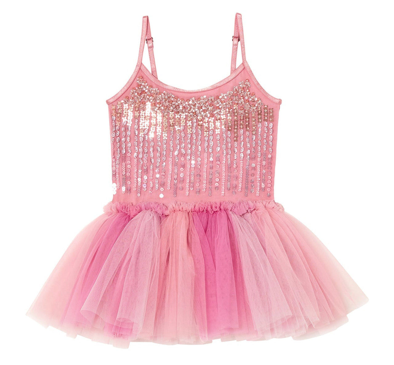 The Girls’ Bebe Shirley Sparkle Tutu by Tutu du Monde is a peach blush tutu dress for little girls, featuring a pink sleeveless design with a sequined bodice, delicate thin straps, and a layered tulle skirt in various shades of pink.