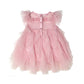 The Bébé Summit Sparkle Tulle Dress by Tutu du Monde features pink sparkle tulle, short ruffled sleeves, a sheer bodice, layered skirt, and back buttons on white background.