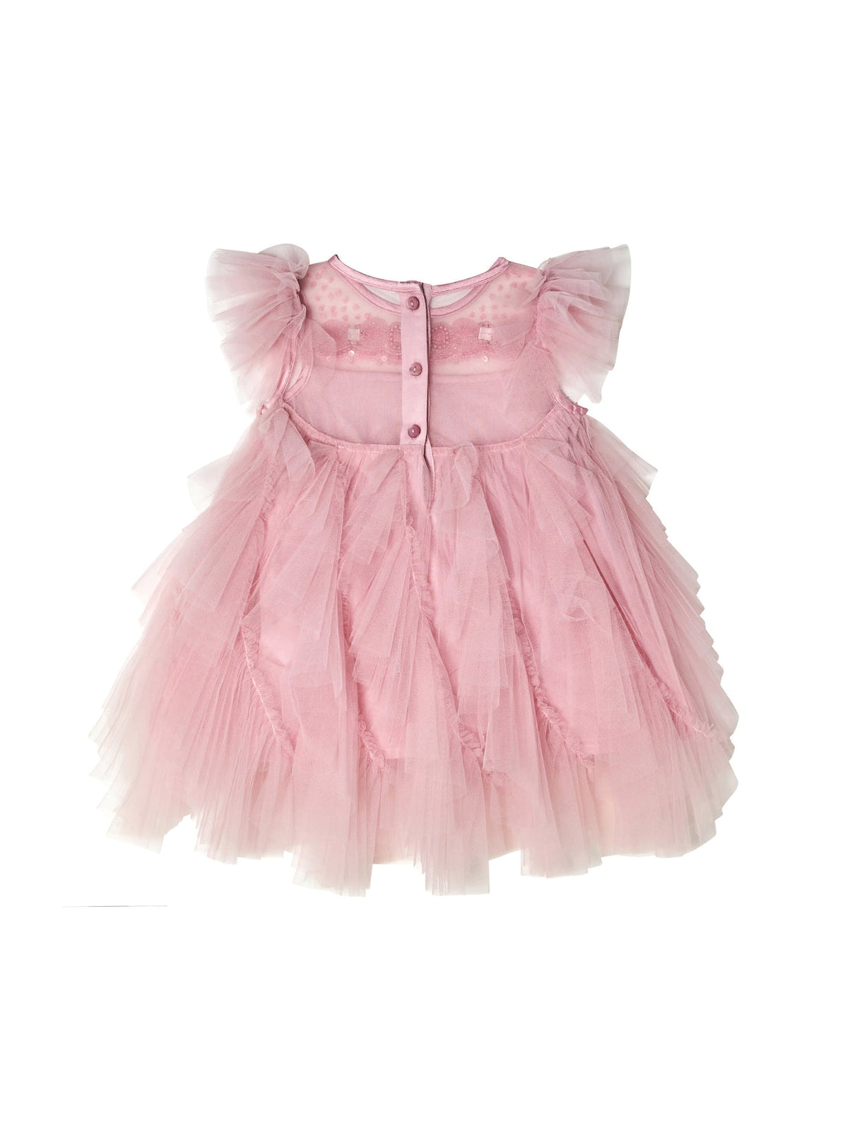 The Bébé Summit Sparkle Tulle Dress by Tutu du Monde features pink sparkle tulle, short ruffled sleeves, a sheer bodice, layered skirt, and back buttons on white background.