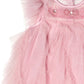 The Bébé Summit Sparkle Tulle Dress by Tutu du Monde features pink ruffled layers, crystal accents at the neckline, beaded bows, a sleeveless design, and back button closure.