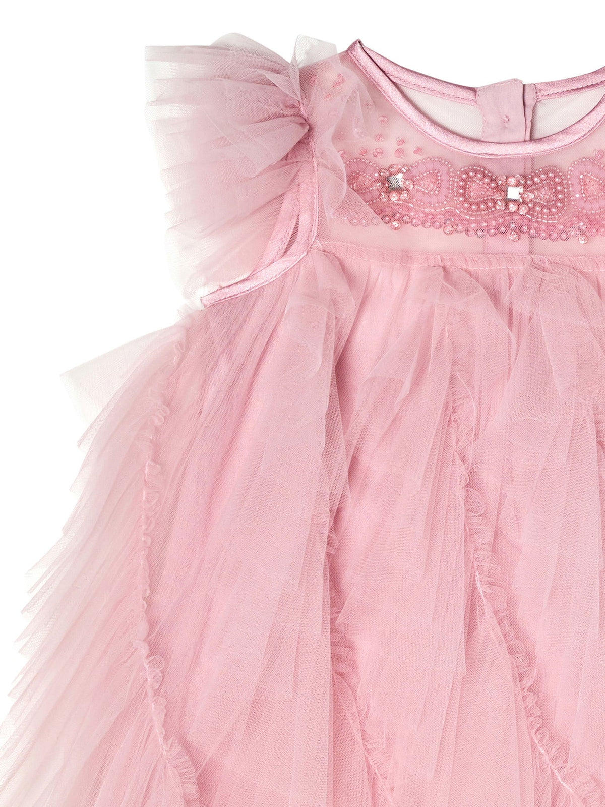 The Bébé Summit Sparkle Tulle Dress by Tutu du Monde features pink ruffled layers, crystal accents at the neckline, beaded bows, a sleeveless design, and back button closure.