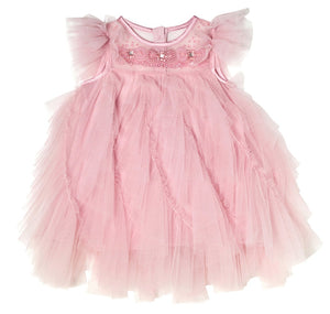 Baby Girls’ Bébé Summit Sparkle Tulle Dress: a pink sleeveless dress with ruffled tulle layers and crystal embellishments on the beaded bodice.