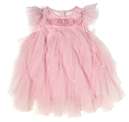 Bébé Summit Sparkle Tulle Dress by Tutu du Monde features ruffled tulle layers, sheer puff sleeves, beaded floral embroidery, and crystal embellishments.