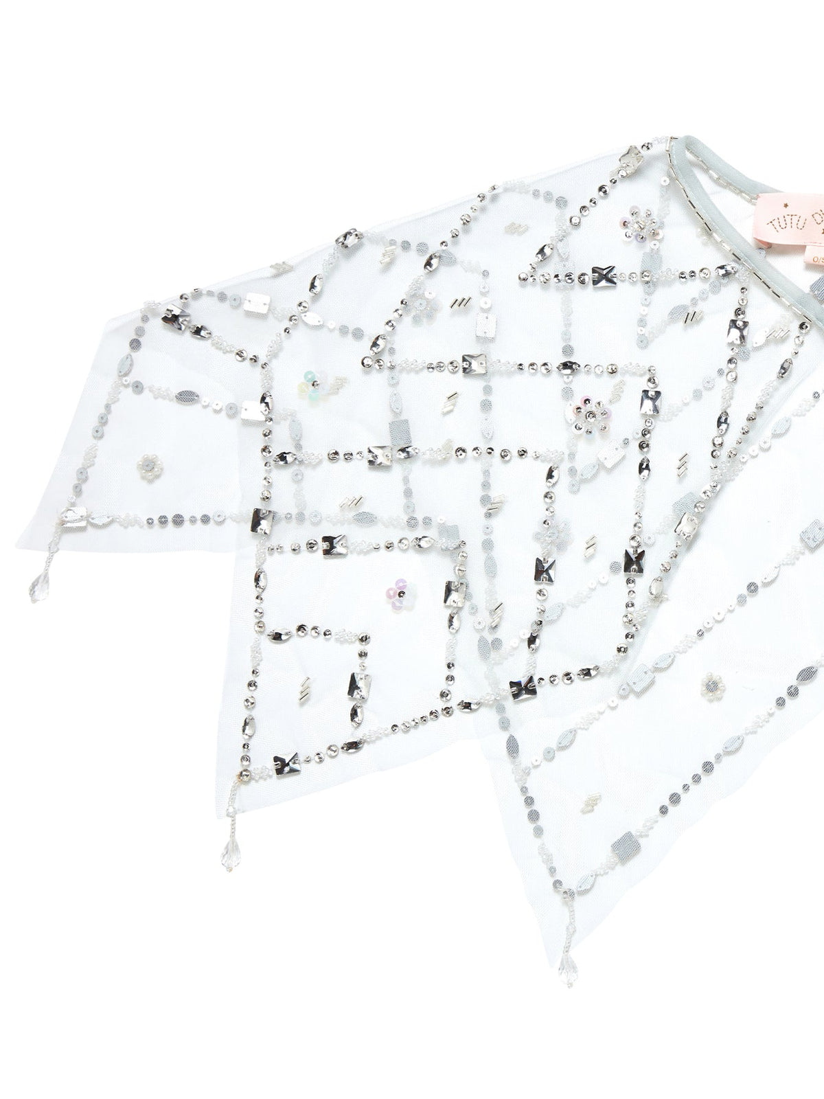 Diamond Drift Cafe by Tutu du Monde: a sheer white collar embellished with crystal latticework and silver, clear, and iridescent gems in geometric patterns.