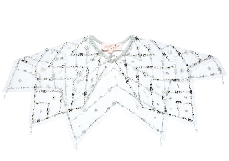 The Tutu du Monde Diamond Drift Cafe in sheer white features silver sequin crystal latticework, shown flat on a white background.