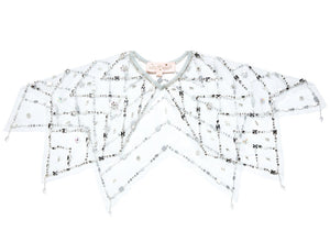 Girls’ Diamond Drift Cafe sheer illusion blue V-neck capelet, decorated with a crystal latticework of silver beads and sequins.