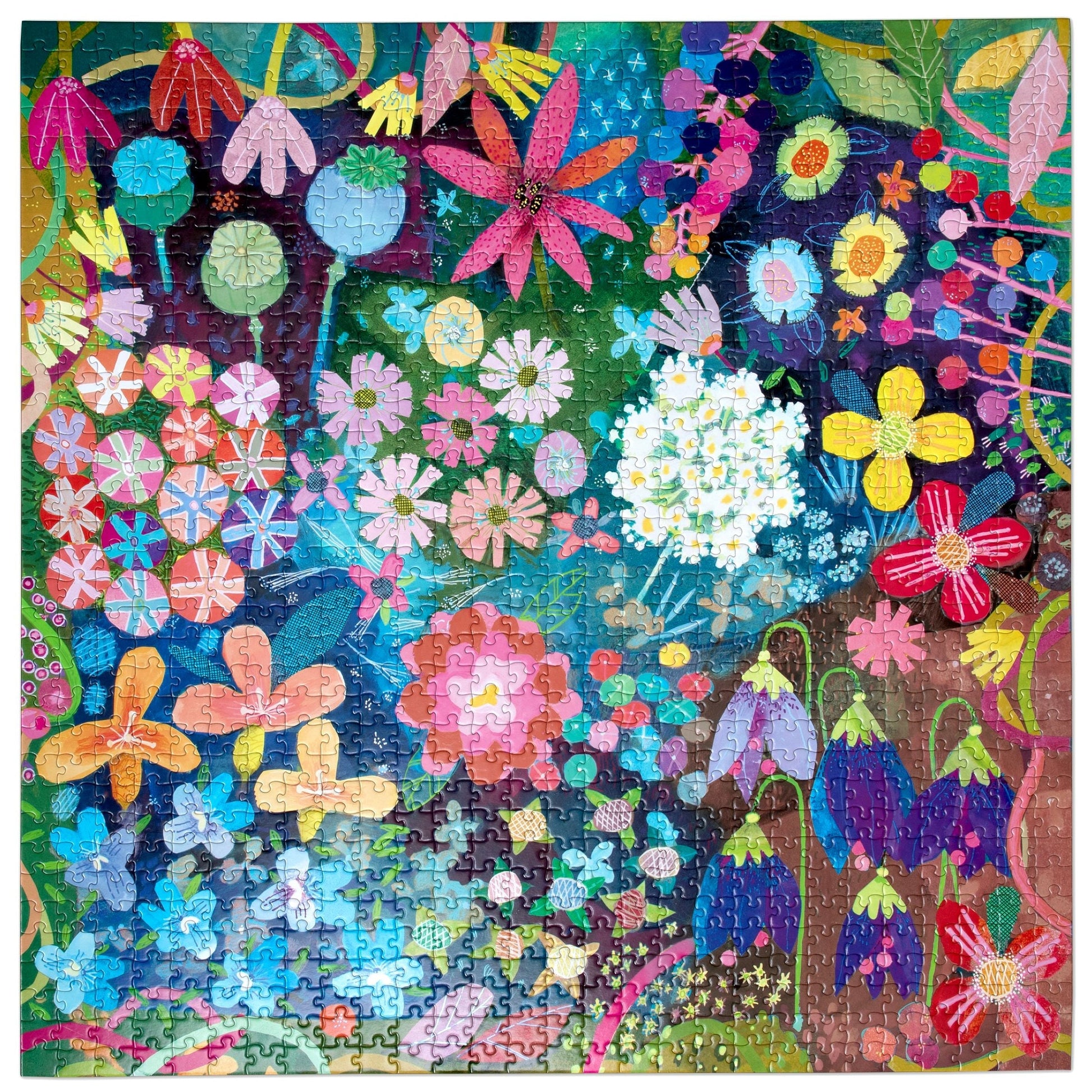 Completed Seeds & Flowers 1000 Piece Puzzle by Eeboo, showcasing a lively array of colorful wild blooms and leaves in a vibrant, abstract design that recalls the whimsical style of Melissa Sweet and captures the fresh beauty of an early morning walk.