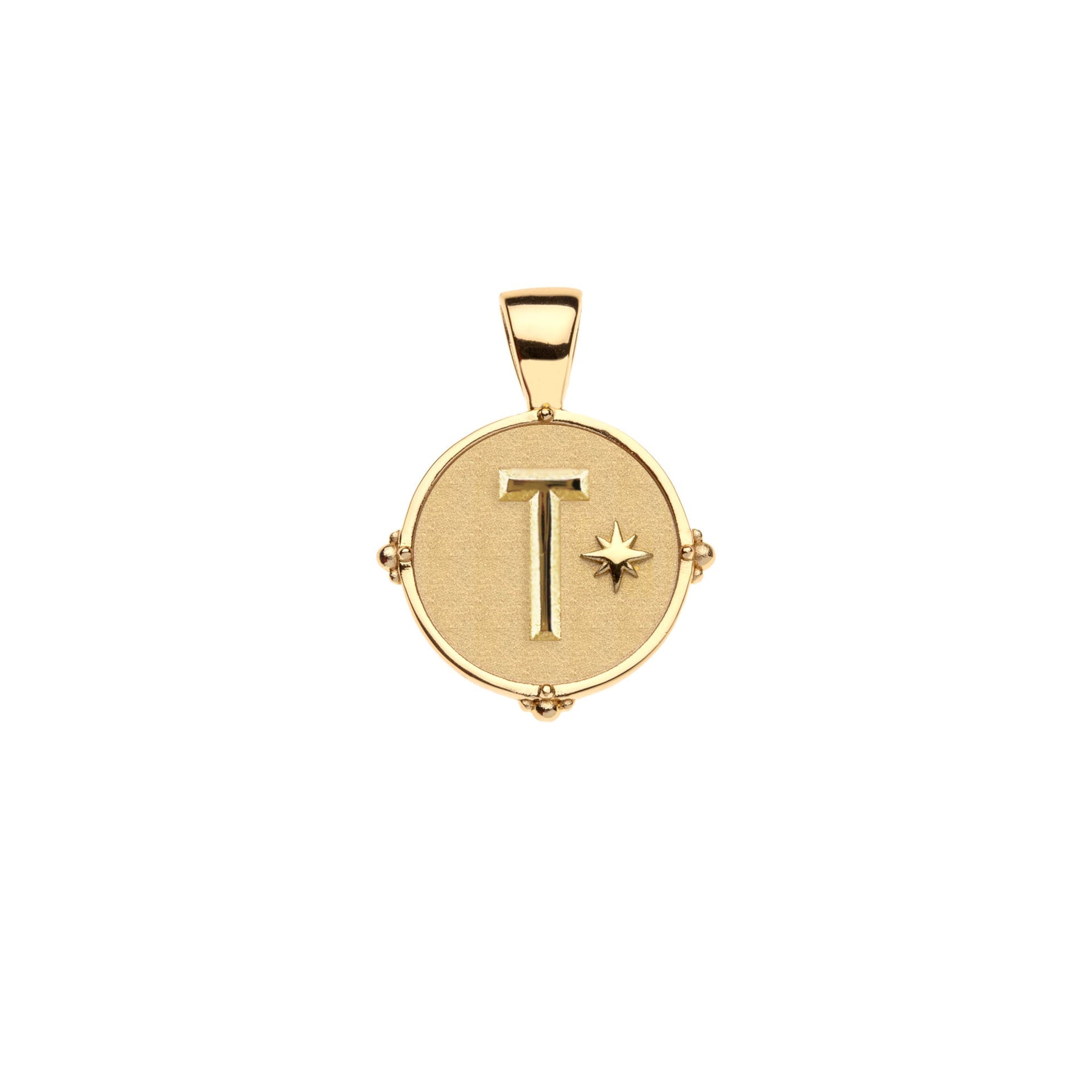 The Jane Win Letter Pendant Satellite Necklace Collection features a 14k gold round pendant with a raised letter "T" and star design on a smooth surface, attached to a beaded satellite chain for personalized style.
