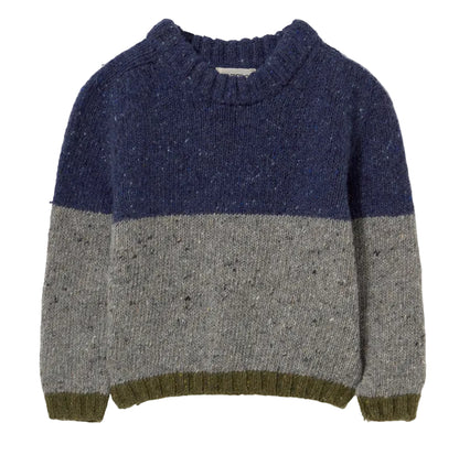 The Cozmo Baby Boys’ Tigris Knit Sweater features a color-block design with navy blue on the upper half, light gray on the lower half, and olive green accents at the cuffs, hem, and collar. Crafted from lightweight wool, this cozy sweater combines warmth and style for your little one.