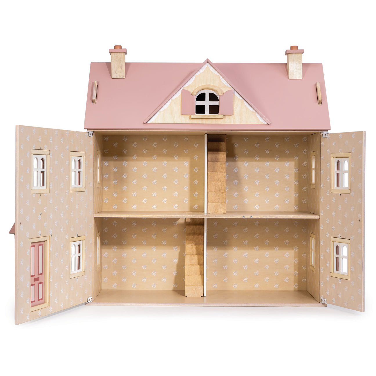 Discover the Alouette House by Tender Leaf Toys—a delightful plywood dolls house featuring a charming pink roof, open front doors, visible stairs, and three inviting rooms across two floors. The interior walls are beautifully adorned with a delicate light floral pattern, adding extra elegance to every play session.