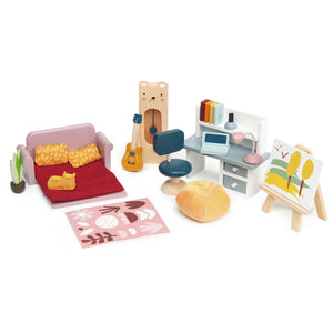 The Tender Leaf Toys Doll House Study Furniture set includes a sofa, cat, bed, guitar, desk, books, computer, chair, plant, heart pillow, rug, and an art easel with a painting—perfect as dollhouse furniture or imaginative play accessories for any children's playset.