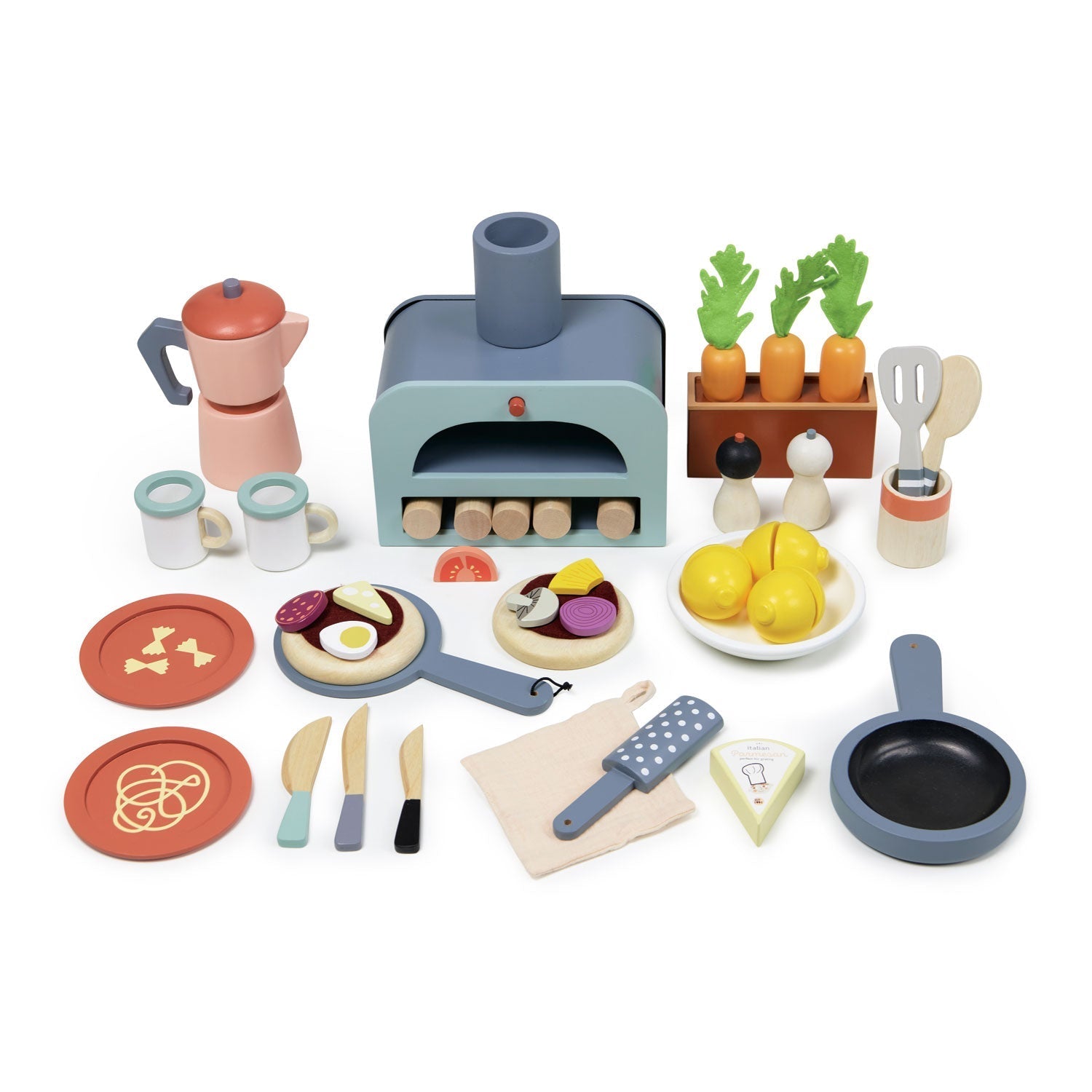 The Tenderleaf La Fiamma Grand Kitchen by Tender Leaf Toys is a vibrant assortment of wooden toy kitchen items, featuring a stove, utensils, plates with food, a coffee maker, and vegetables in a container, along with exclusive La Fiamma Kitchen accessories.