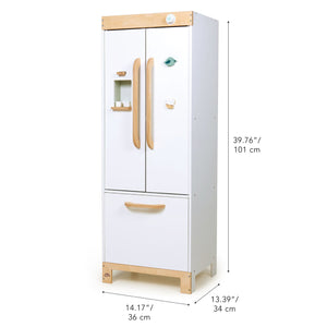 A stylish white wooden Tenderleaf Refrigerator by Tender Leaf Toys with natural wood accents. It features two doors on top, a drawer at the bottom, and its dimensions are: 39.76"/101 cm height, 14.17"/36 cm width, 13.39"/34 cm depth—perfect for complementing your fridge or ice cube dispenser setup.
