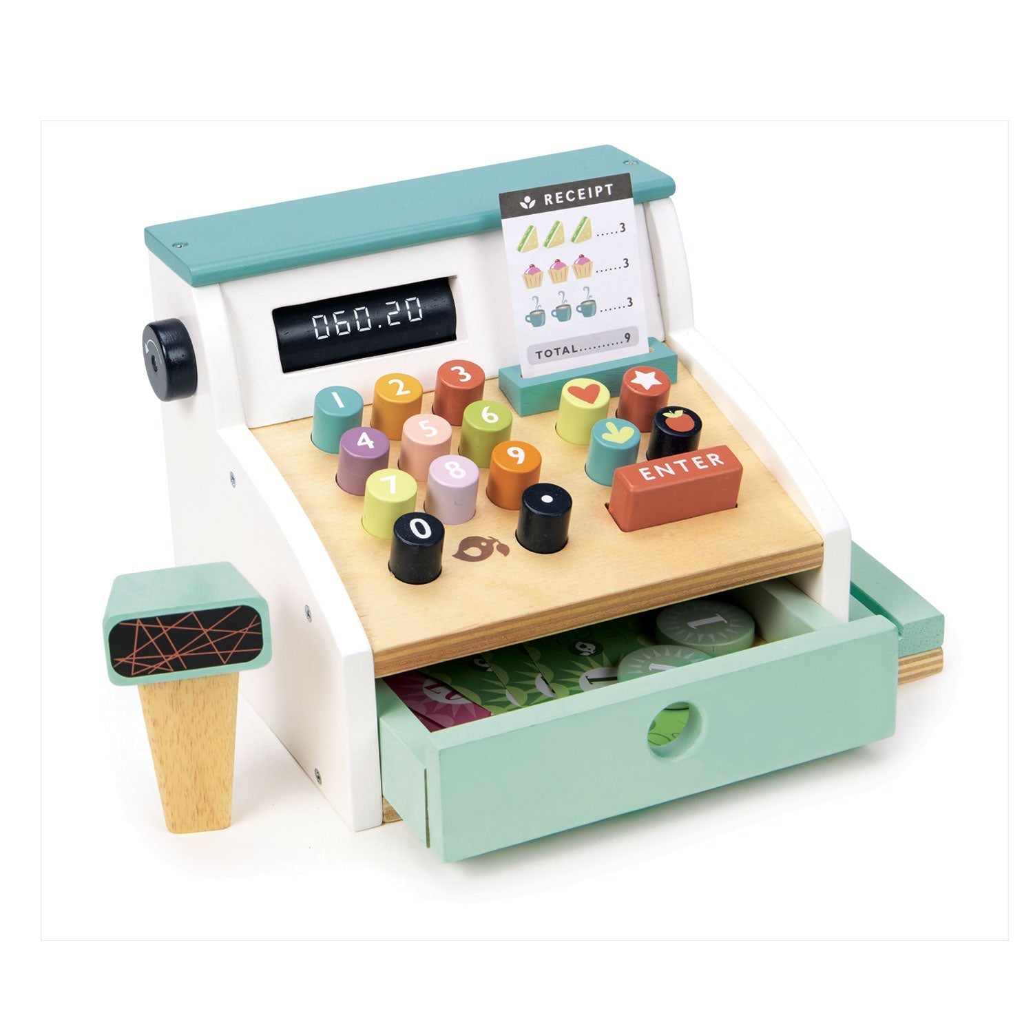 The Tenderleaf General Stores Till by Tender Leaf Toys features colorful buttons, a credit card slot, a scanner, and an open cash drawer filled with play money.