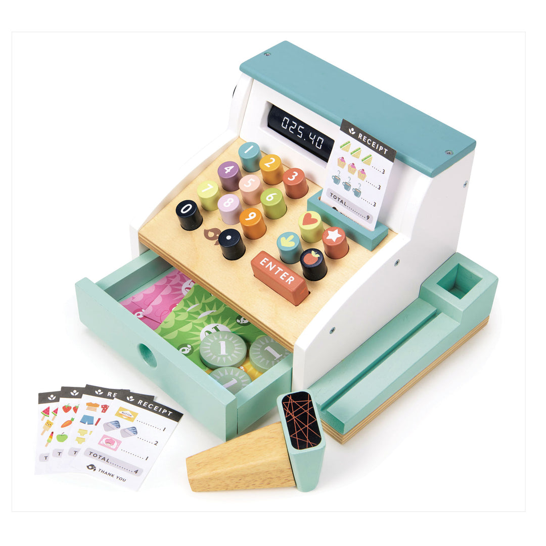 The Tenderleaf General Stores Till by Tender Leaf Toys is a toy cash register complete with colorful buttons, play money, a receipt holder, and a credit card slot, featuring an interactive scanner for enhanced educational play.