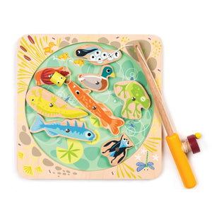 Pond Dipping by Tender Leaf Toys is a wooden magnetic fishing set featuring colorful fish, a duck, a frog, and a fishing rod on a square board decorated with water and plant designs—an engaging toy that helps develop fine motor skills.