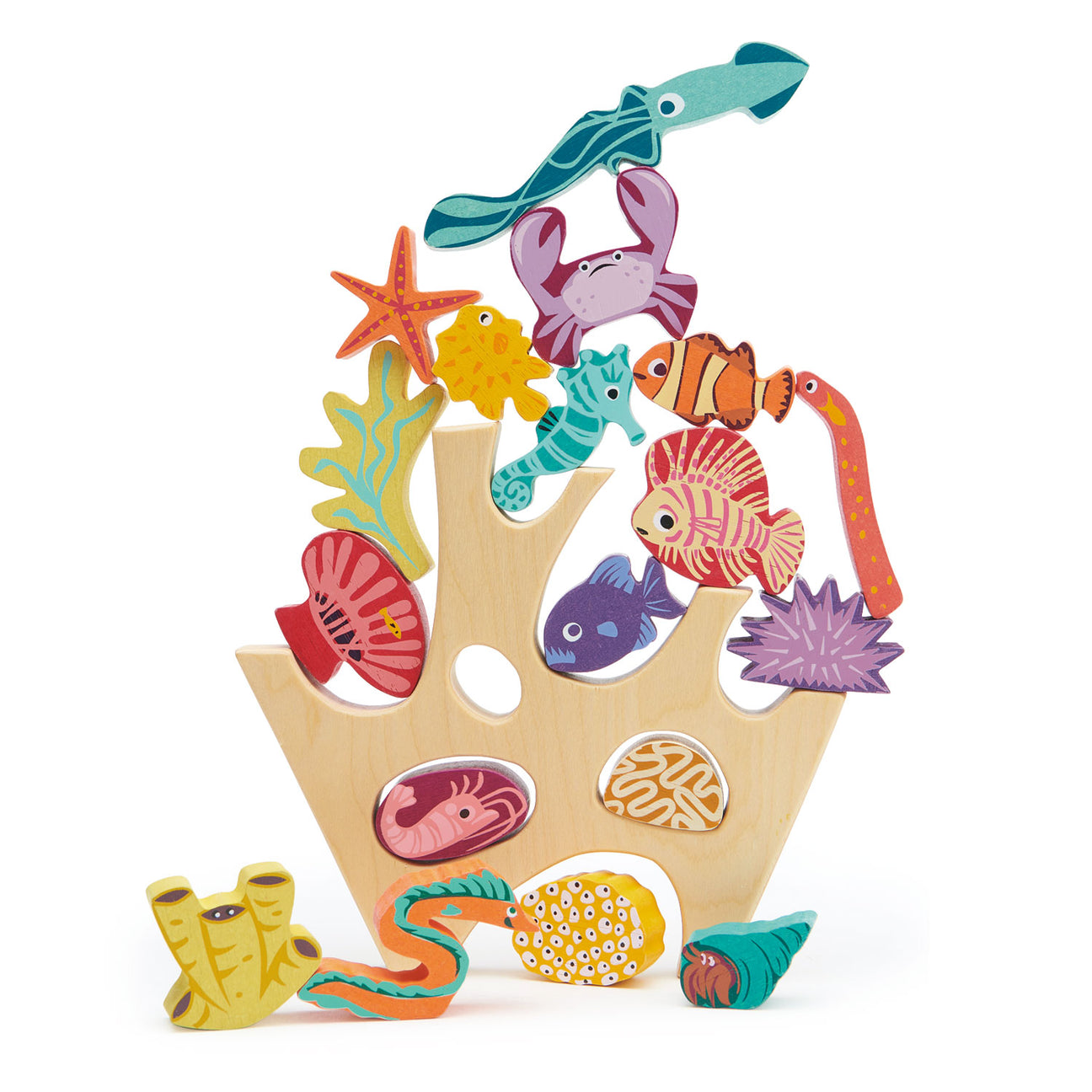 The Stacking Coral Reef by Tender Leaf Toys is a charming wooden stacking toy with vibrant sea creatures—such as a crab, fish, and starfish—arranged on a light wood base designed to resemble a shipwreck. This delightful under-the-sea toy encourages imaginative play and helps introduce children to ocean life.