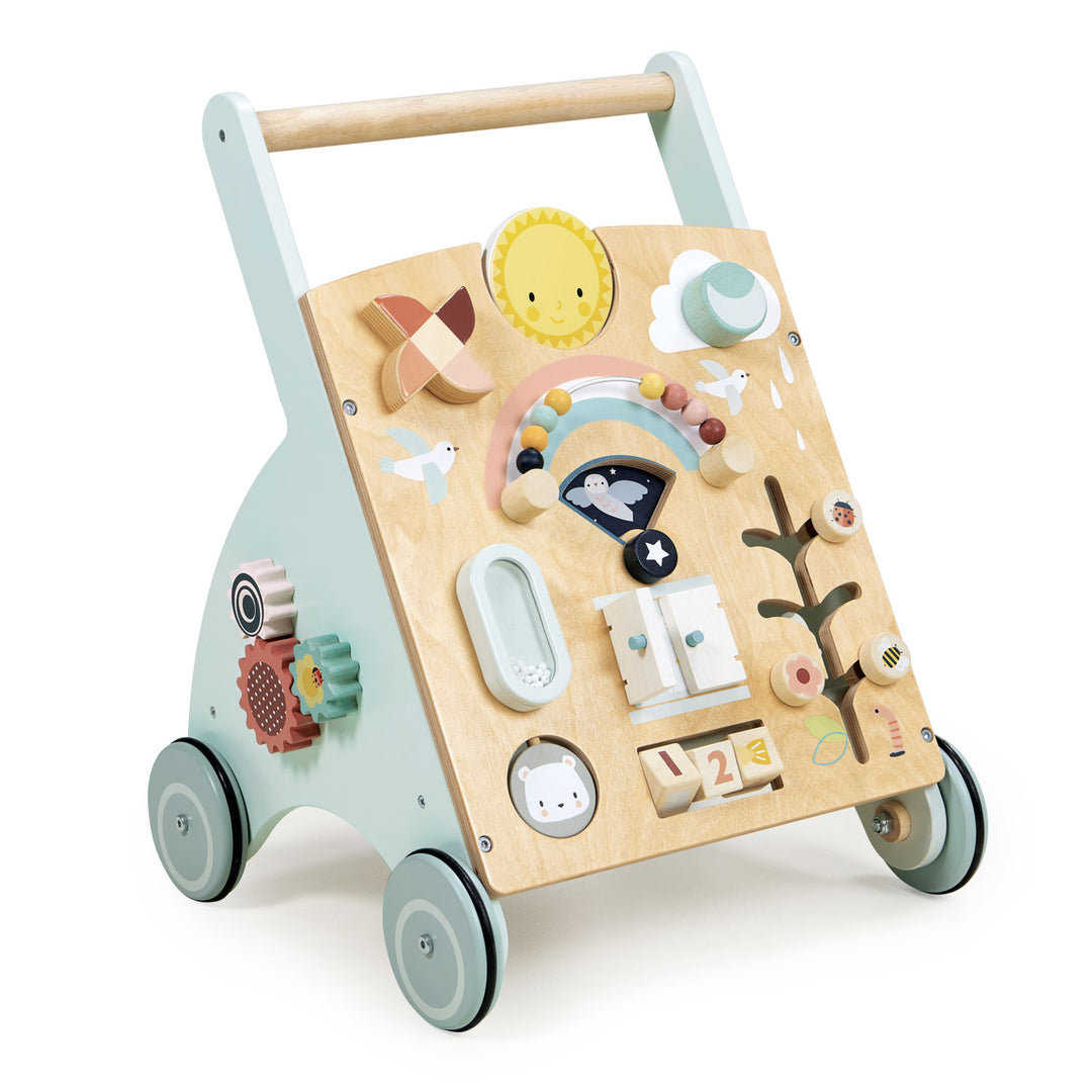 A Tenderleaf Sunshine Baby Activity Walker designed for toddlers, featuring various interactive elements and wheels to assist with their first steps.