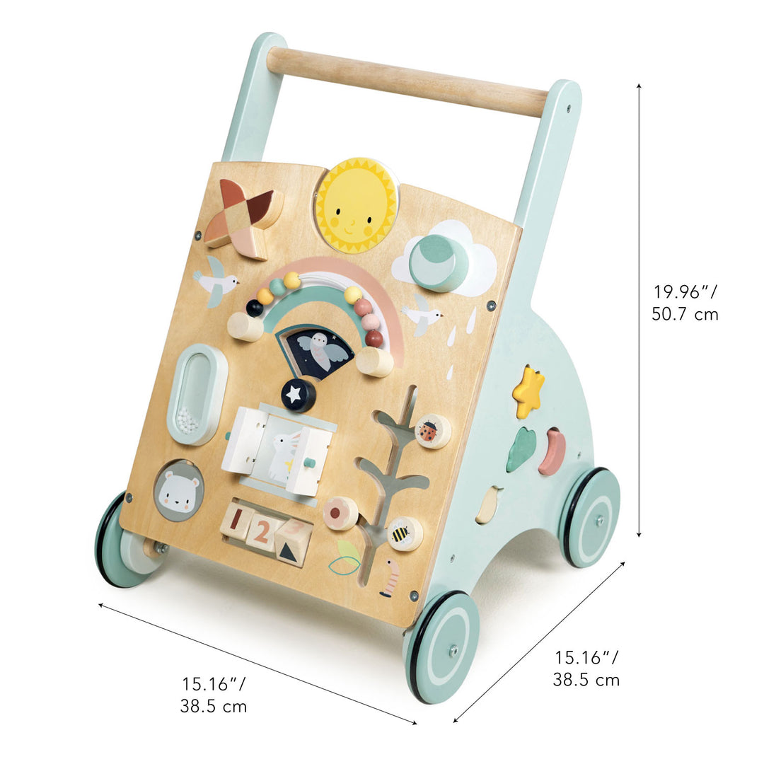 Tenderleaf Sunshine Baby Activity Walker for toddlers with interactive panels and pastel accents, featuring dimensions of 15.16 inches in width and 19.96 inches in height.