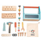 A Tenderleaf Tap Tap Tool Box toy tool set with tools in a bag.